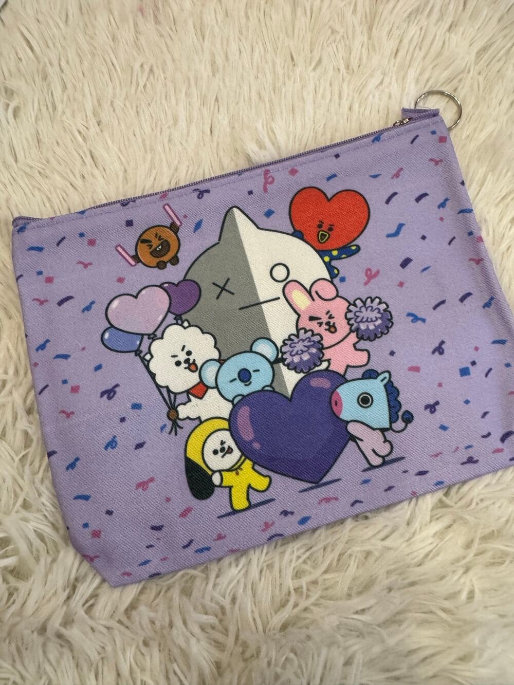 Purple BT21 pencil/make up pouch cartoon characters and hearts K-pop keychain